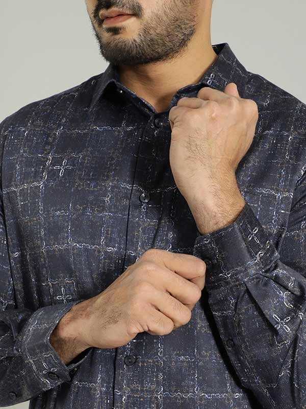 Indian Terrain Men's Slim Fit Full Sleeve All Over Print Dark Blue Shirt